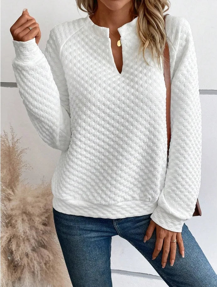 Women Sweatshirt 2025 Spring Autumn Latest Fashion Solid Color Deep V-Neck Pullover Long Sleeved Casual Hoodie Loose Sporty Top - Acros