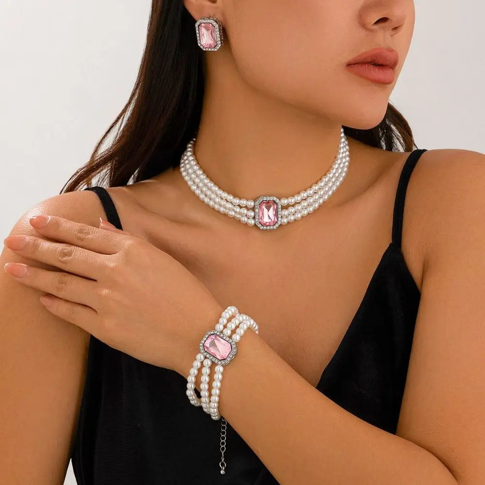 Rhinestones Pearl Jewelry Sets Multi-layer Bead Necklace Bracelet Earring Set Luxury Imitation Gem Bridal Jewelry Sets Party