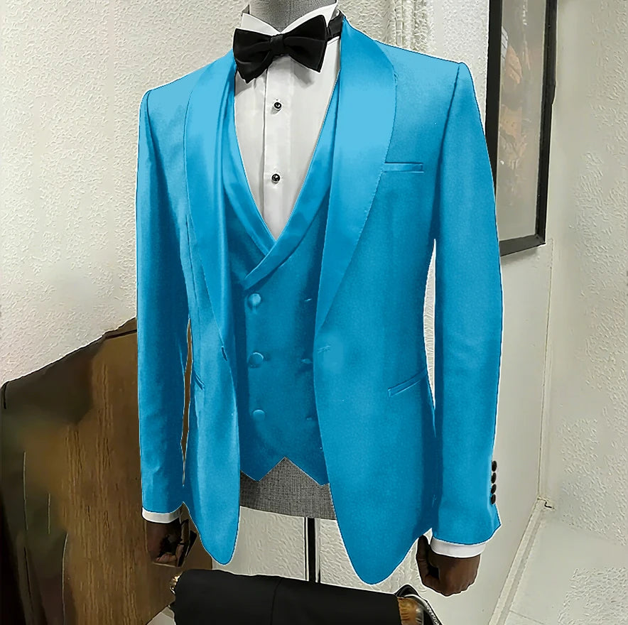Men's black 3-piece tuxedo suit by Ansoff featuring shawl lapel, one-button jacket, ideal for wedding, formal events, and parties.