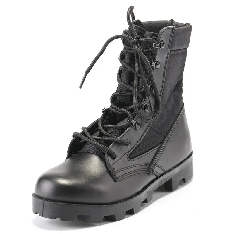 Men's Ansoff military combat high-top desert hiking boots with anti-slip soles and rugged tactical design for outdoor training and motorcycle use.