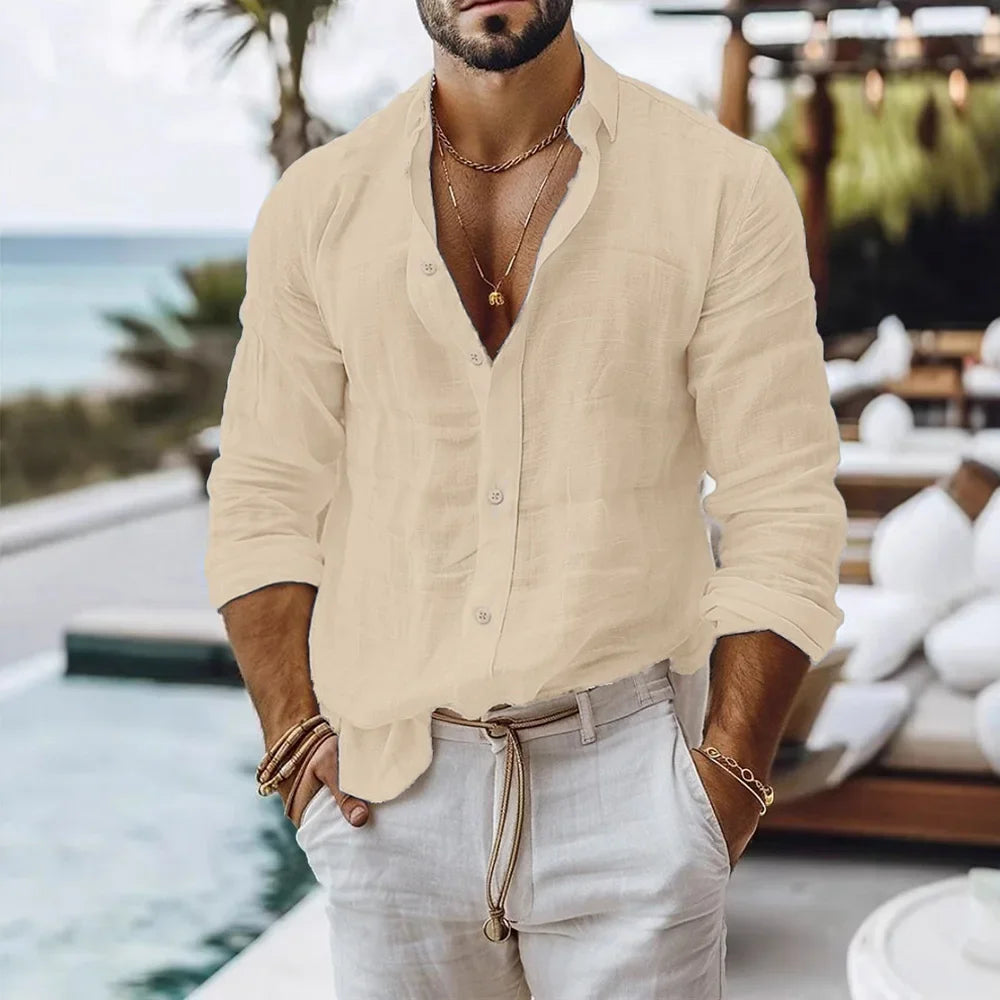 Ansoff men's cotton linen summer shirt with a solid color, single-breasted design, lightweight breathable button top for beach style.
