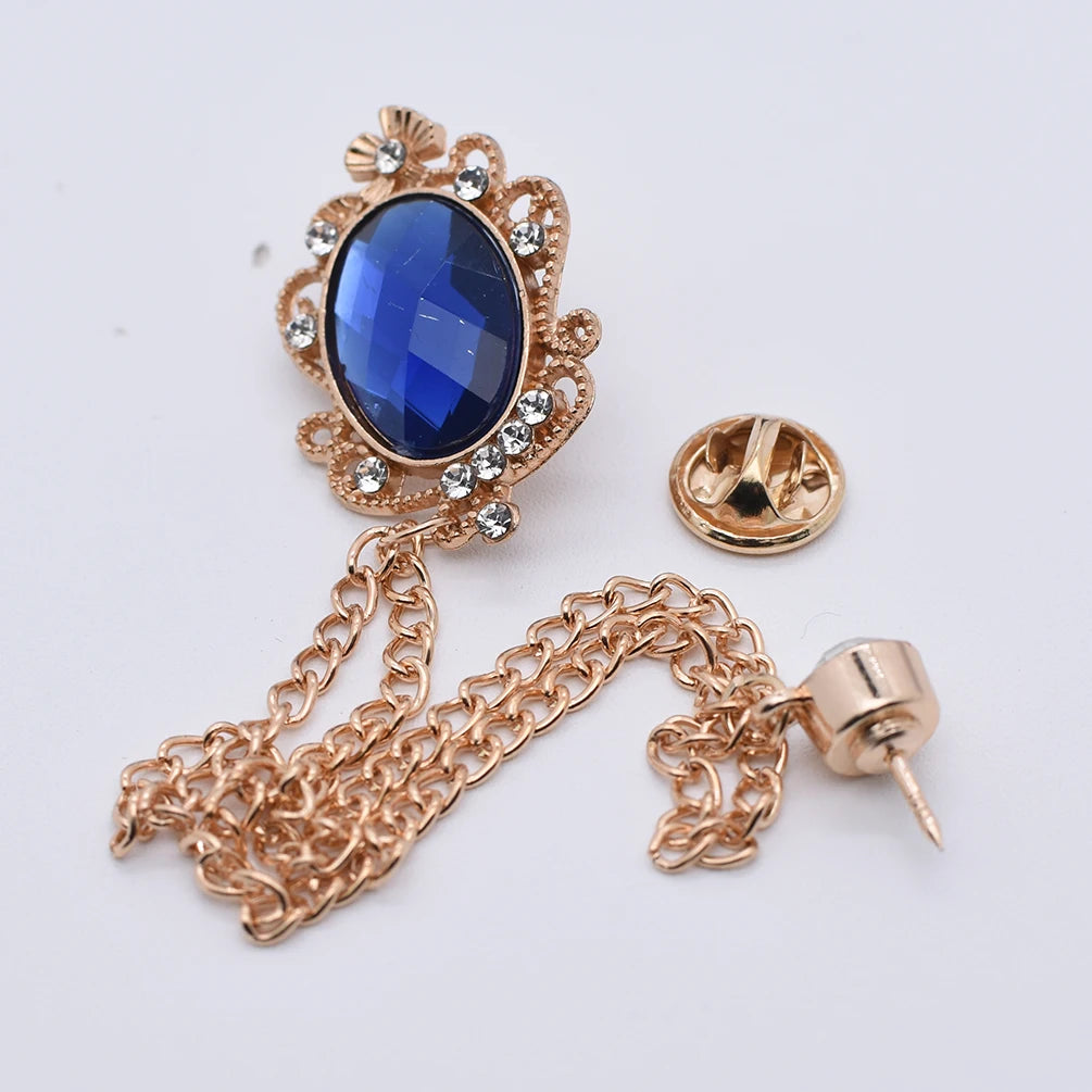 Korean fashion crystal lion brooch with tassel chain, British style lapel pin for men's shirt collar accessories, by Ansoff