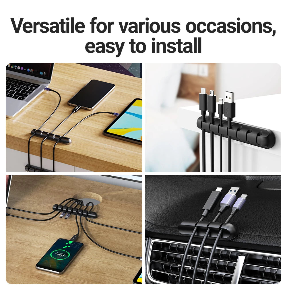 Ansoff adhesive cable holder clips organizing USB charging, power, and mouse cables on a desktop for neat wire management.