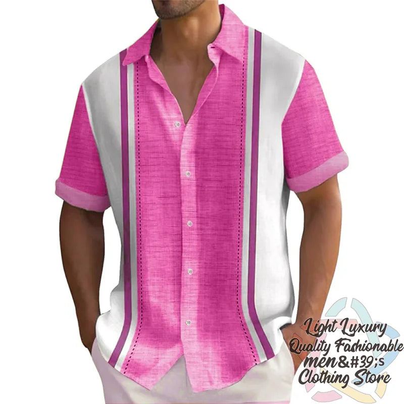 Men's summer striped linen shirt by Ansoff, short-sleeved casual Hawaiian shirt with a collar, oversized fit, and vibrant print.