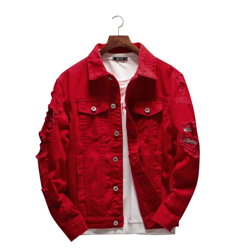 Men's slim fit cotton denim jean jacket from Ansoff with ripped holes, in red, white, and black, featuring streetwear style and plus size options.