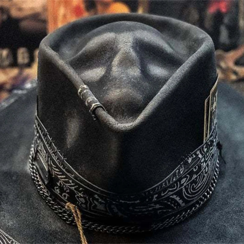 Black gothic cowboy hat with skull ornament, spooky Halloween headwear and festival accessory, by Ansoff