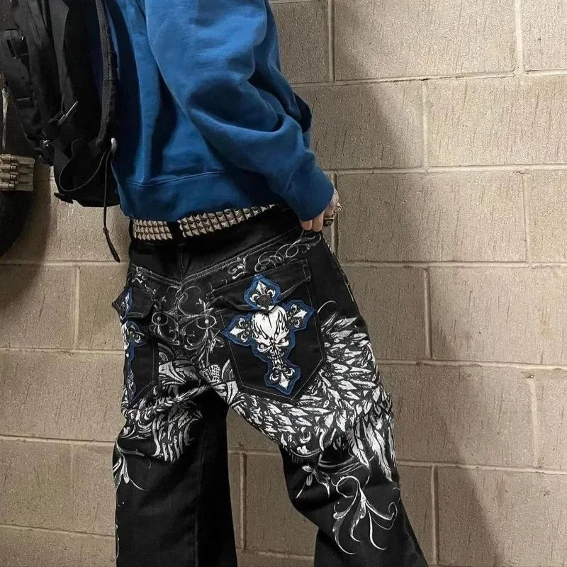 Men's wide-leg embroidered jeans by Ansoff featuring hip-hop style, mid-waist fit, gothic details, and retro Y2K fashion vibe.