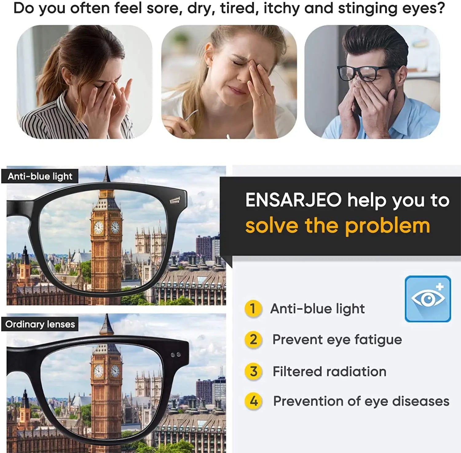 Blue Light Blocking Glasses Square Nerd Eyeglasses Frame Anti Blue Ray Computer Game Glasses - Acros
