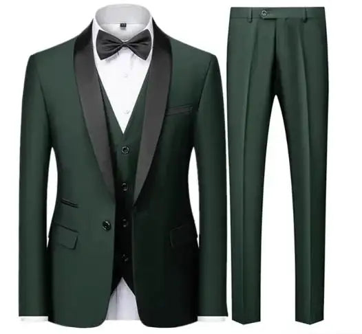 Black men's three-piece autumn wedding suit set with blazer, vest, and pants featuring a slim fit design by Ansoff.