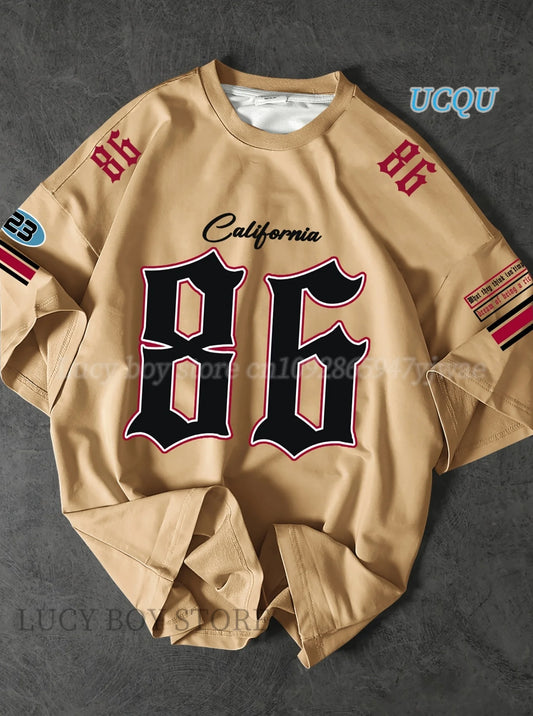 Men's Ansoff California 86 printed sportwear jersey short sleeve T-shirt with vintage racing football design and casual O-neck style.