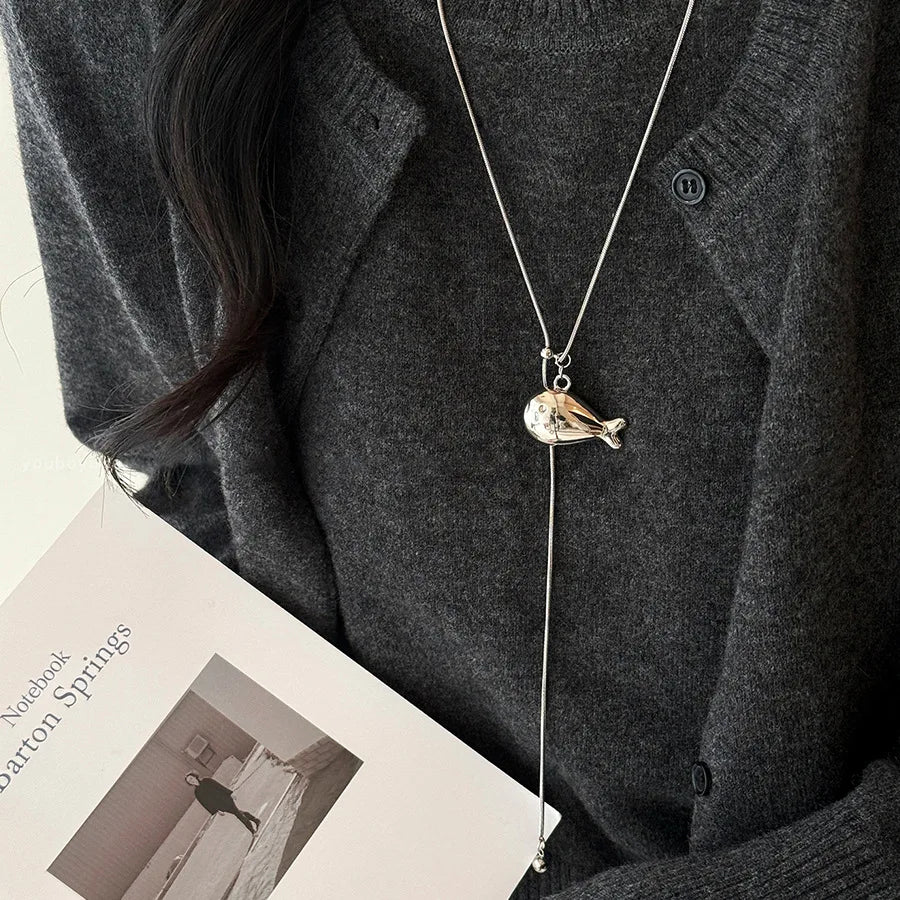 Minimalist Metal Water Drop Shaped Pendant Necklace for Women Simple Adjustable Long Black Rope Sweater Chain Fashion Jewerly