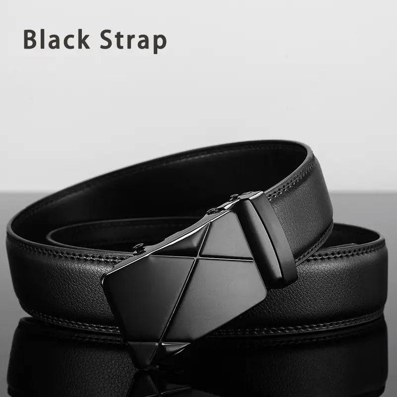 Men's black leather belt with metal automatic buckle by Ansoff, featuring a high-quality PU strap for business or formal wear.