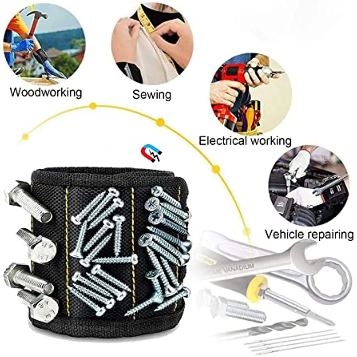 Ansoff magnetic wristband with strong magnets holding screws, nails, and drilling bits, worn on a man's wrist for handy tool access.