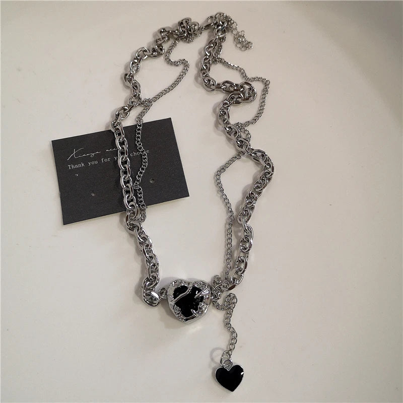 Punk Rock Black Heart Cross Pendant Chain Necklace For Men Women Cool Hip Hop Street Vintage 90s Y2K Grunge Goth Accessories - Acros