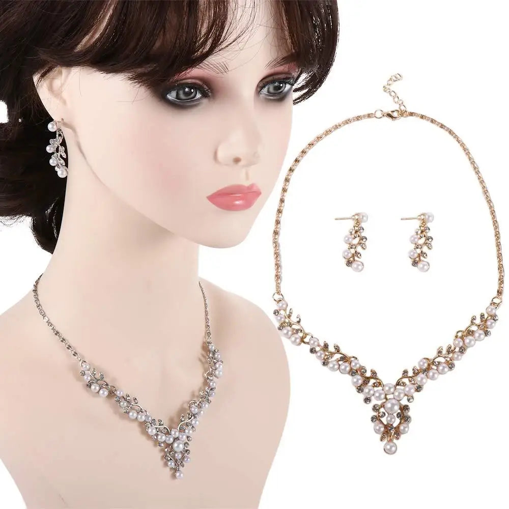 Charm Gifts Party Imitation Pearl Necklace Crystal Engagement Simulated Earrings Silver Plated Jewelry Sets Wedding Bridal