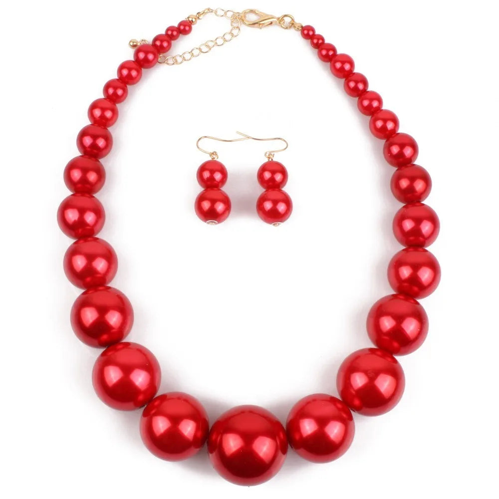Fashion Elegant Large Pearl Necklace Set 42cm Length Round Big Ball Beads Chain Choker with Earrings Luxury Neck Jewelry Party