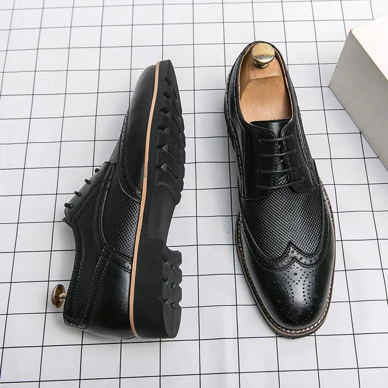 Ansoff men's handmade Oxford wingtip leather brogue dress shoes with classic business style, calfskin leather, formal footwear.