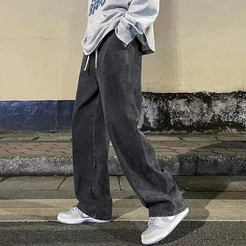 Light blue and black loose straight streetwear jeans for men by Ansoff, featuring wide-leg, Korean style fashion pants.