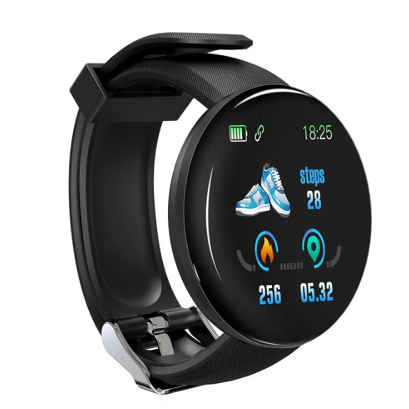 Ansoff D18 smart watch with round digital display, heart rate monitor, fitness tracking, black band, on wrist.