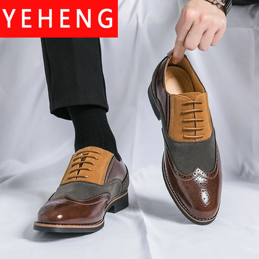 Men Brogue Business Office Lace-up Leather Colorful Shoes Casual Oxfords Flat British Vintage Formal Wedding Shoes Man Big Size