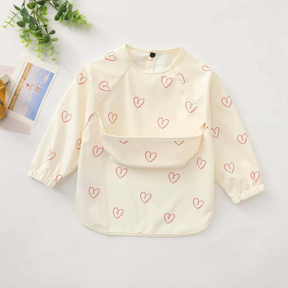 Ansoff infant feeding bibs for children with long sleeves, printed art design, waterproof fabric, and front pocket for meal messes.