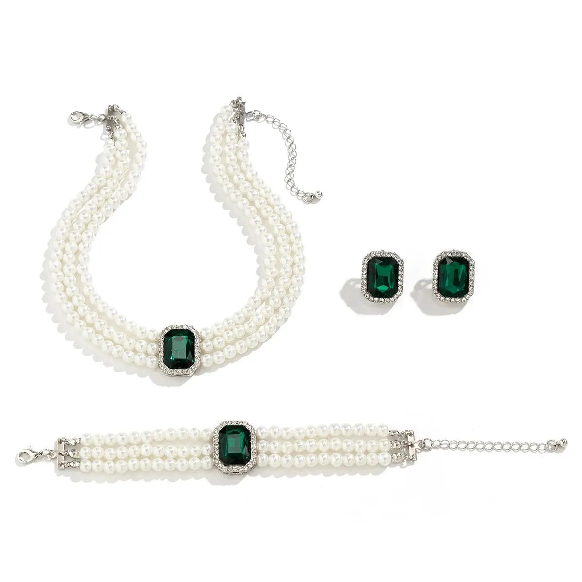 3Pcs Multilayer Imitation Pearl Crystal Chain Necklace Bracelet Women Wedding Bridal Goth Stud Earrings Jewelry Set Accessories