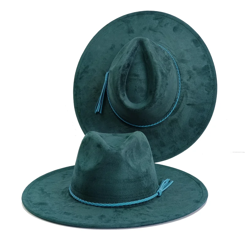 Ansoff Malachite Green suede fedora hat with a wide brim, suitable for men and women, autumn and winter fashion, classic church style