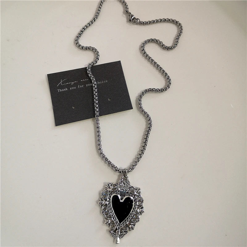 Punk Rock Black Heart Cross Pendant Chain Necklace For Men Women Cool Hip Hop Street Vintage 90s Y2K Grunge Goth Accessories - Acros