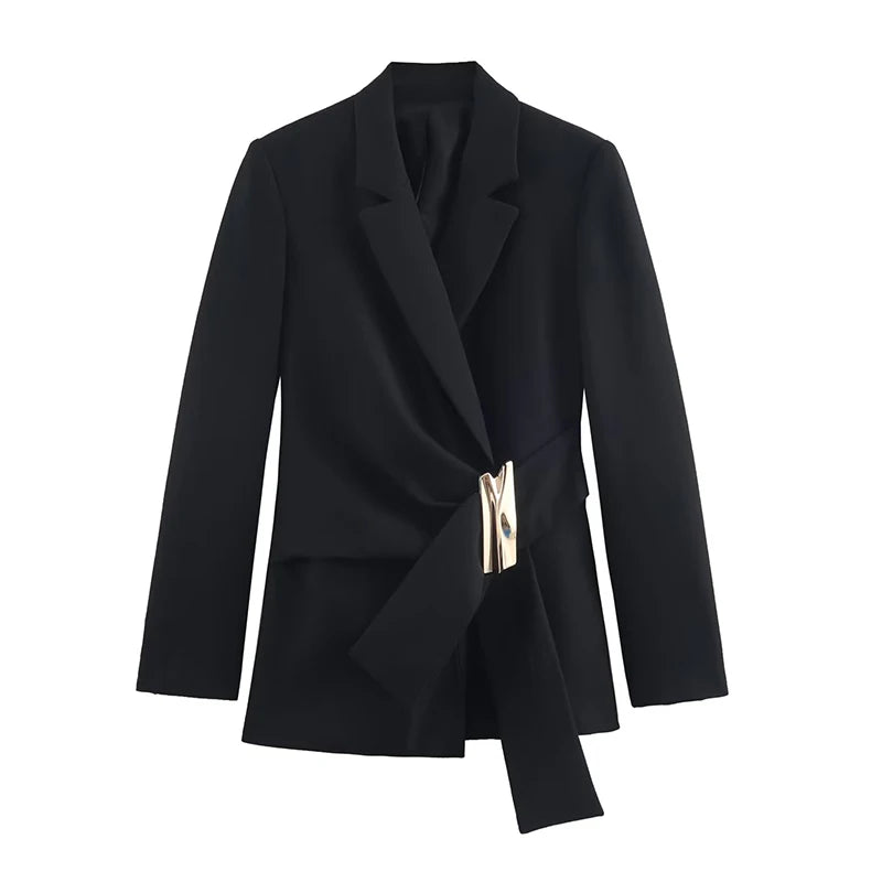 Women's chic two-piece suit set by Ansoff featuring a long sleeve blazer coat with buckle details and straight-leg pants.