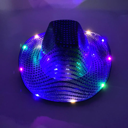 Colorful flashing LED cowboy hat with pearlescent finish, glowing for neon nightclub dance parties, by Ansoff
