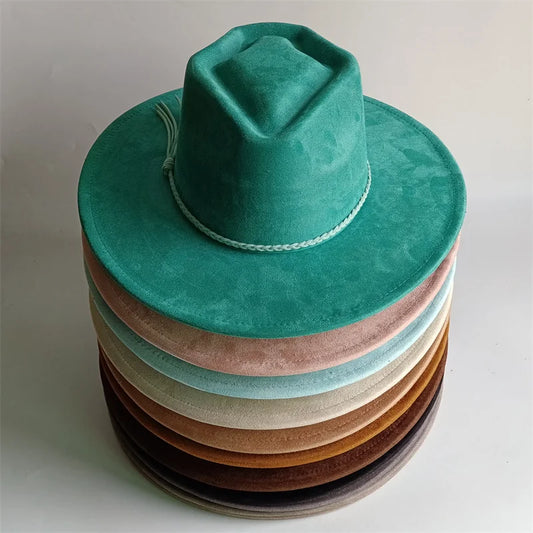 Dark turquoise suede fedora hat with heart and arrow embroidery, suitable for men and women, ideal for autumn and winter.