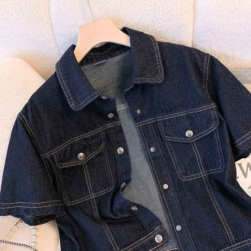 Ansoff women's denim jacket with short sleeves, vintage streetwear style, cropped summer jean jacket, casual retro outwear.