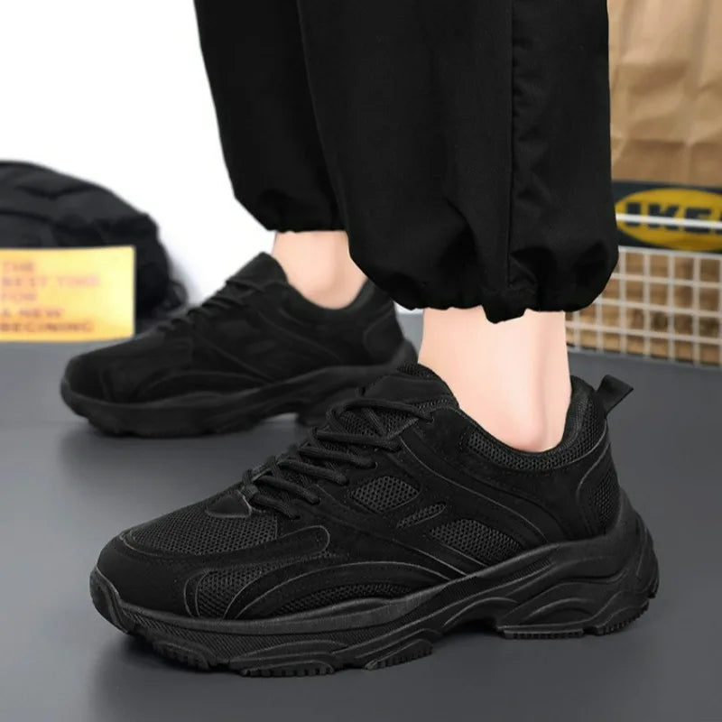 Men's black Ansoff running shoes with anti-slip platform sole, casual sporty design, wear-resistant outdoor sneakers for men.