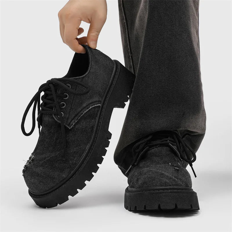 Men's distressed denim derby shoes by Ansoff with chunky grunge platform soles and bulky toe, streetwear style for trendy youth.