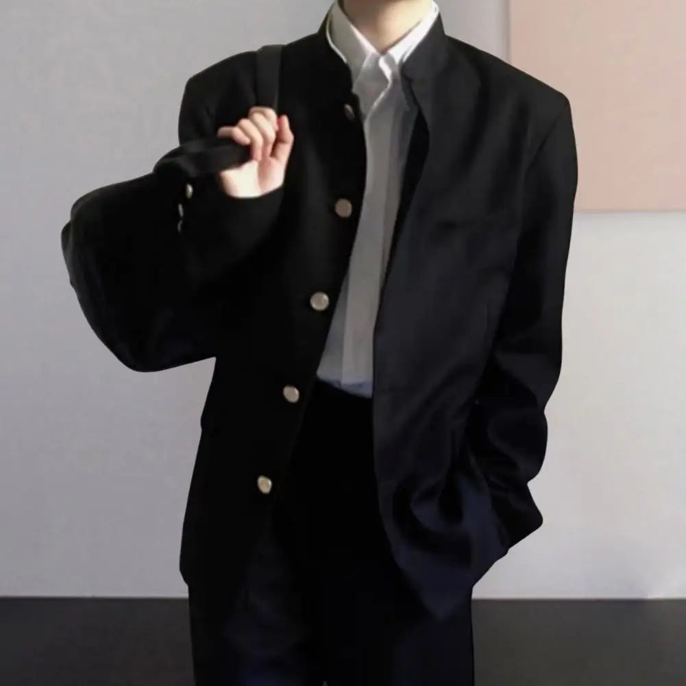 Men's Japanese style school uniform suit coat by Ansoff, single-breasted formal jacket with stand-up collar and flap pockets.