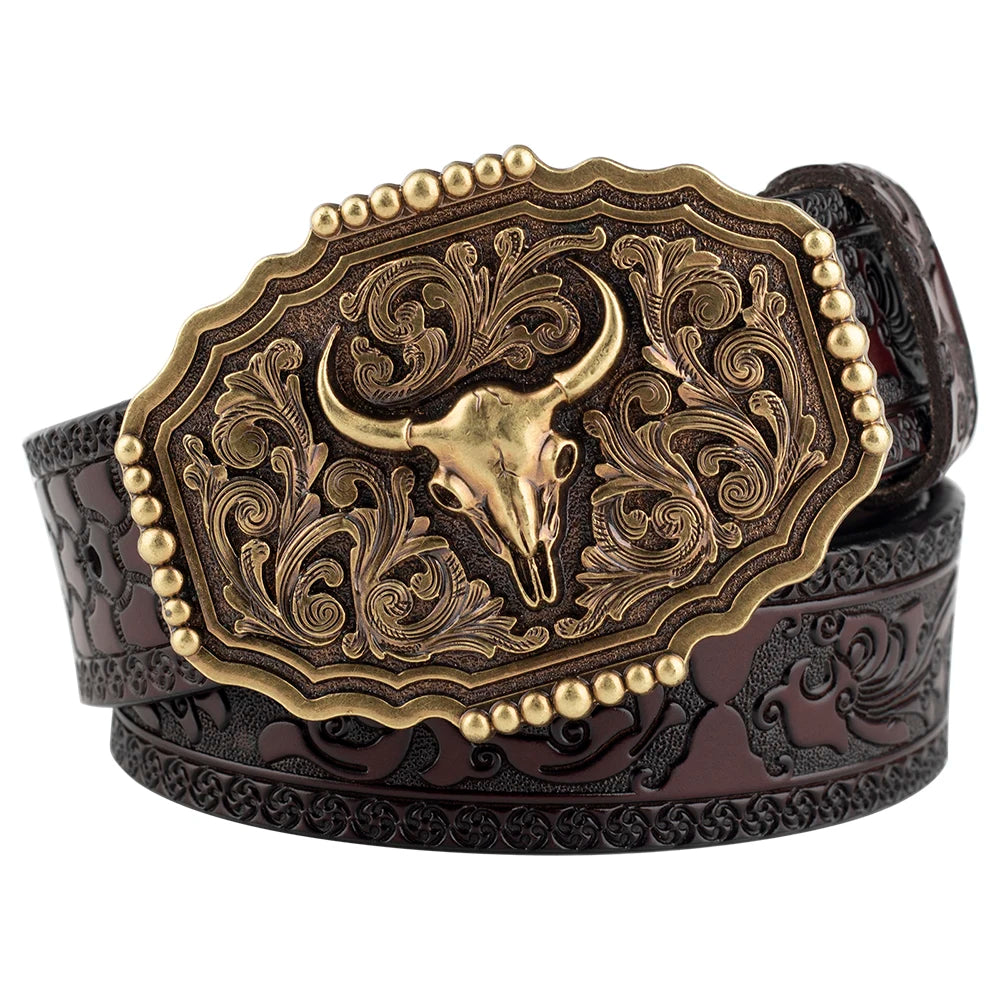 Cow Head Buckle Bronze Embossed Leather Belt