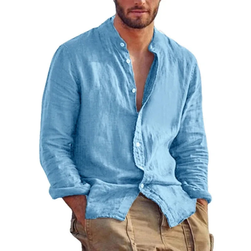 Sweatwear Men's Long Sleeve Shirt Linen Solid Color Shirts Trend Stand Collar Casual Lightweight Breathable Tops Hawaiian Shirt - Acros