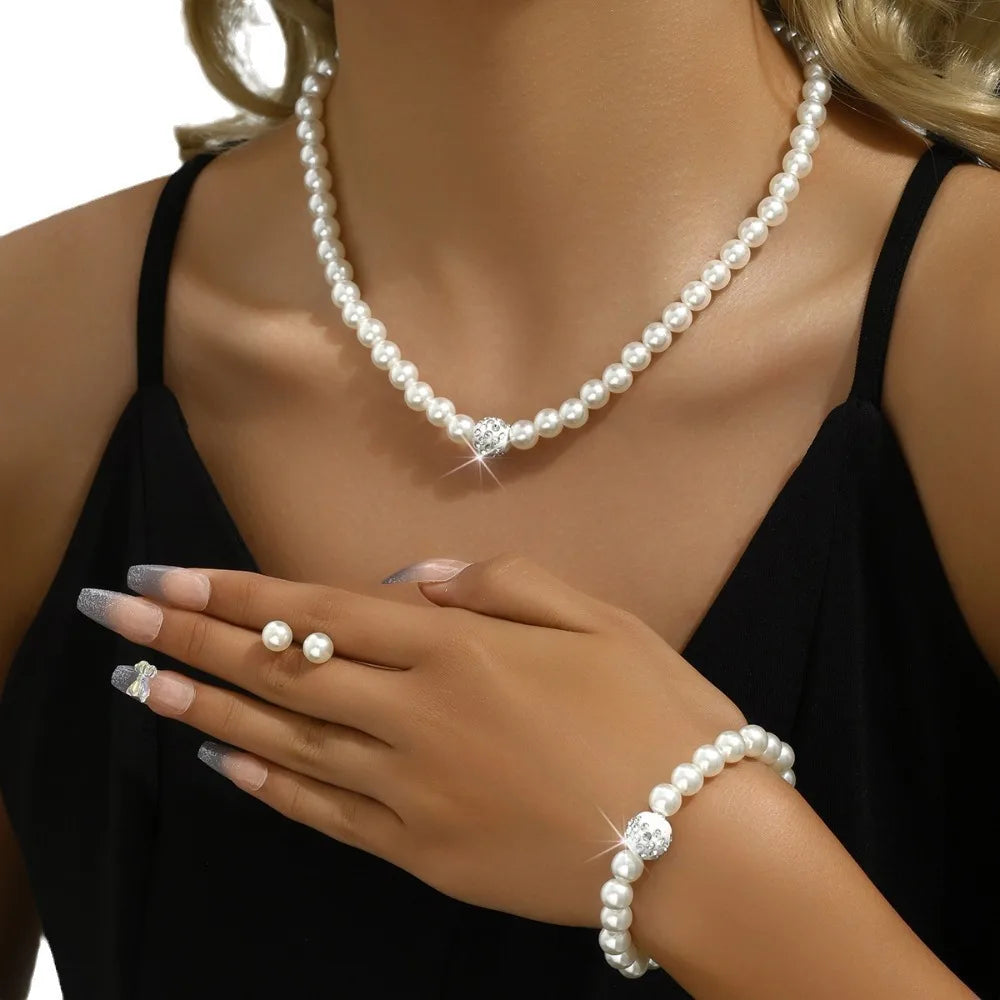 Imitation Pearl Necklace Women Elegant Jewelry Set Necklaces Bracelet Earrings for Ladies Party Fashion Accessories Adult Gifts