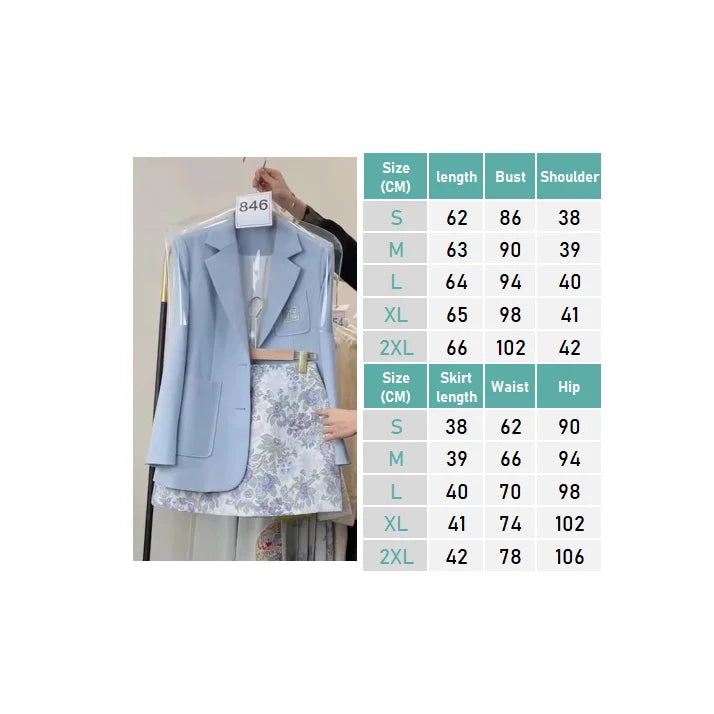 Ansoff blue floral skirt suit set with a vest and printed skirt, perfect for spring, featuring a stylish Korean-inspired design.