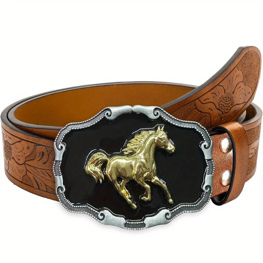 Western men's denim belt by Ansoff with a wild horse buckle, retro style, unisex design matching jeans and casual pants.