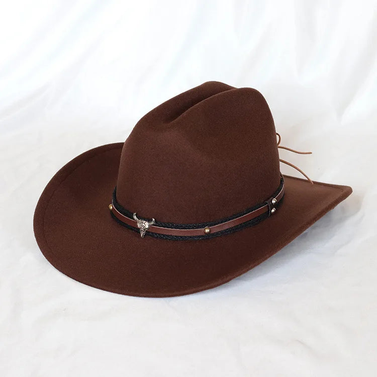Vintage Ansoff cowboy hat with wide leather brim, suited for men and women, featuring a classic western style and stylish cloche design.