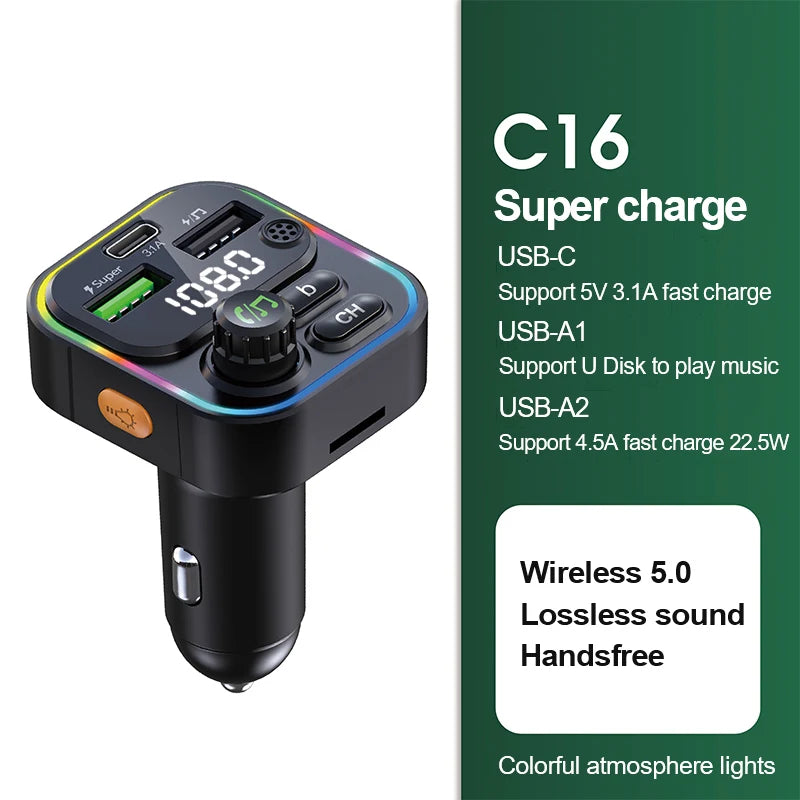 Ansoff Bluetooth 5.0 FM transmitter and MP3 player with USB quick charge adapter connected to a car radio.