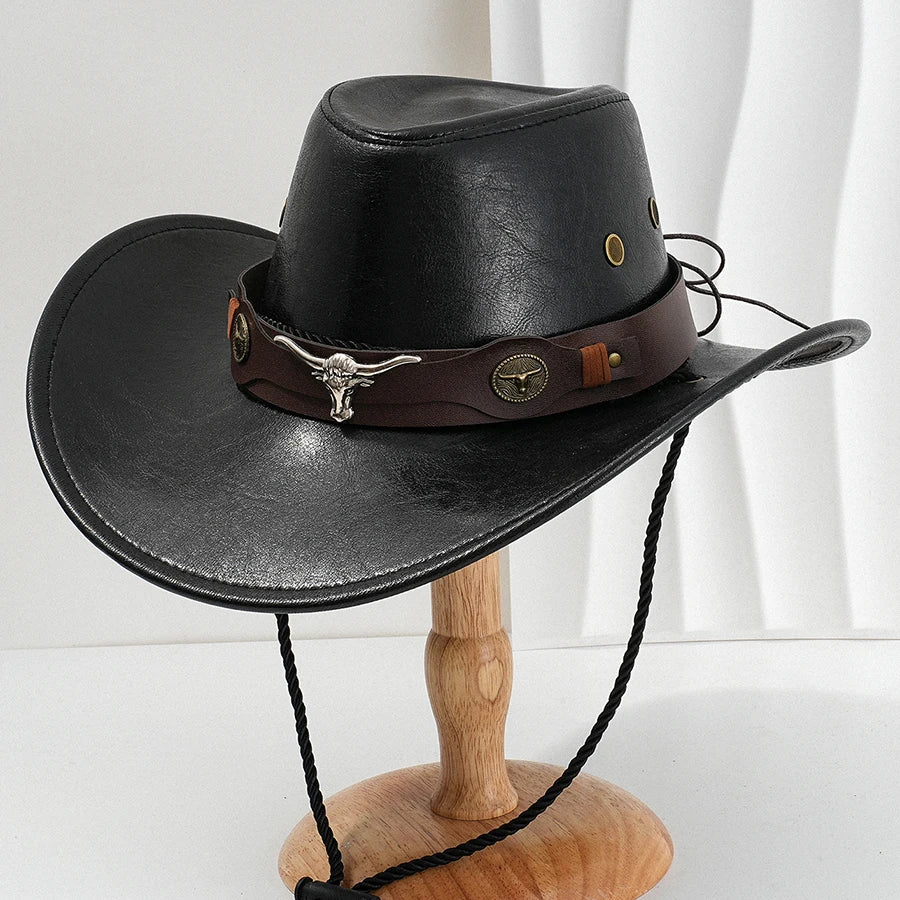 Unisex vintage faux leather western cowboy hat with wide brim and decorative band, ideal for outdoor jazz and cowboy style.