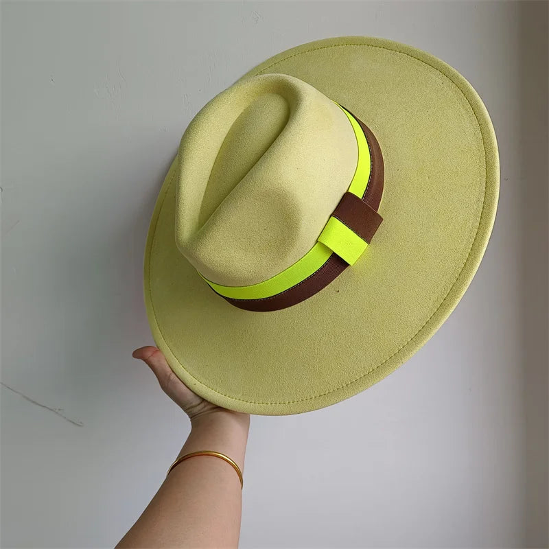 Colorblock ribbon colorful suede felt hat for women and men, wide brim British style autumn and winter fashion accessory by Ansoff