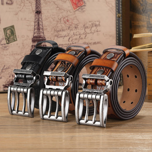 Ansoff men's genuine leather belt with vintage alloy western-style pin buckle, high-quality waist strap, and classic design.