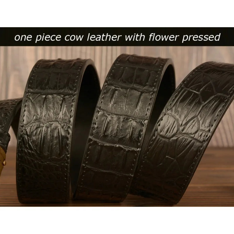 Black genuine leather men's belt with automatic buckle, 3.8cm width, carved cow pattern, suitable for jeans and casual wear.