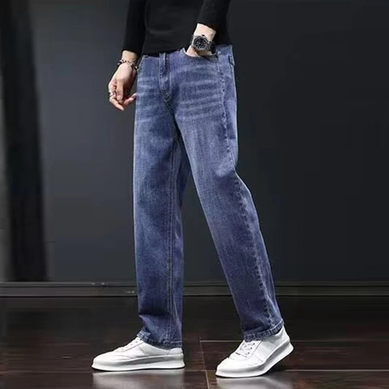 Dark gray men's slim fit denim jeans by Ansoff featuring straight, elastic, wear-resistant fabric and casual style.