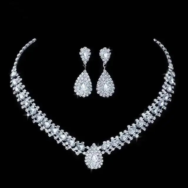 Wedding Bridal Jewelry Set String of Pearls Prom Silver Color Crystal Bracelet Necklace Earrings for Women jewellery sets