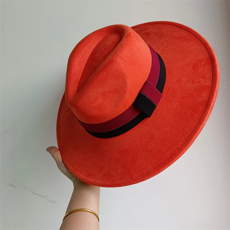 Colorblock ribbon suede wide brim felt hat by Ansoff, stylish autumn and winter women's and men's British retro fashion accessory