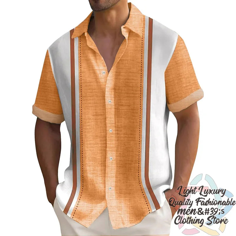 Men's Ansoff short-sleeve summer striped linen print Hawaiian shirt with oversized fit and casual collar, ideal for warm weather.